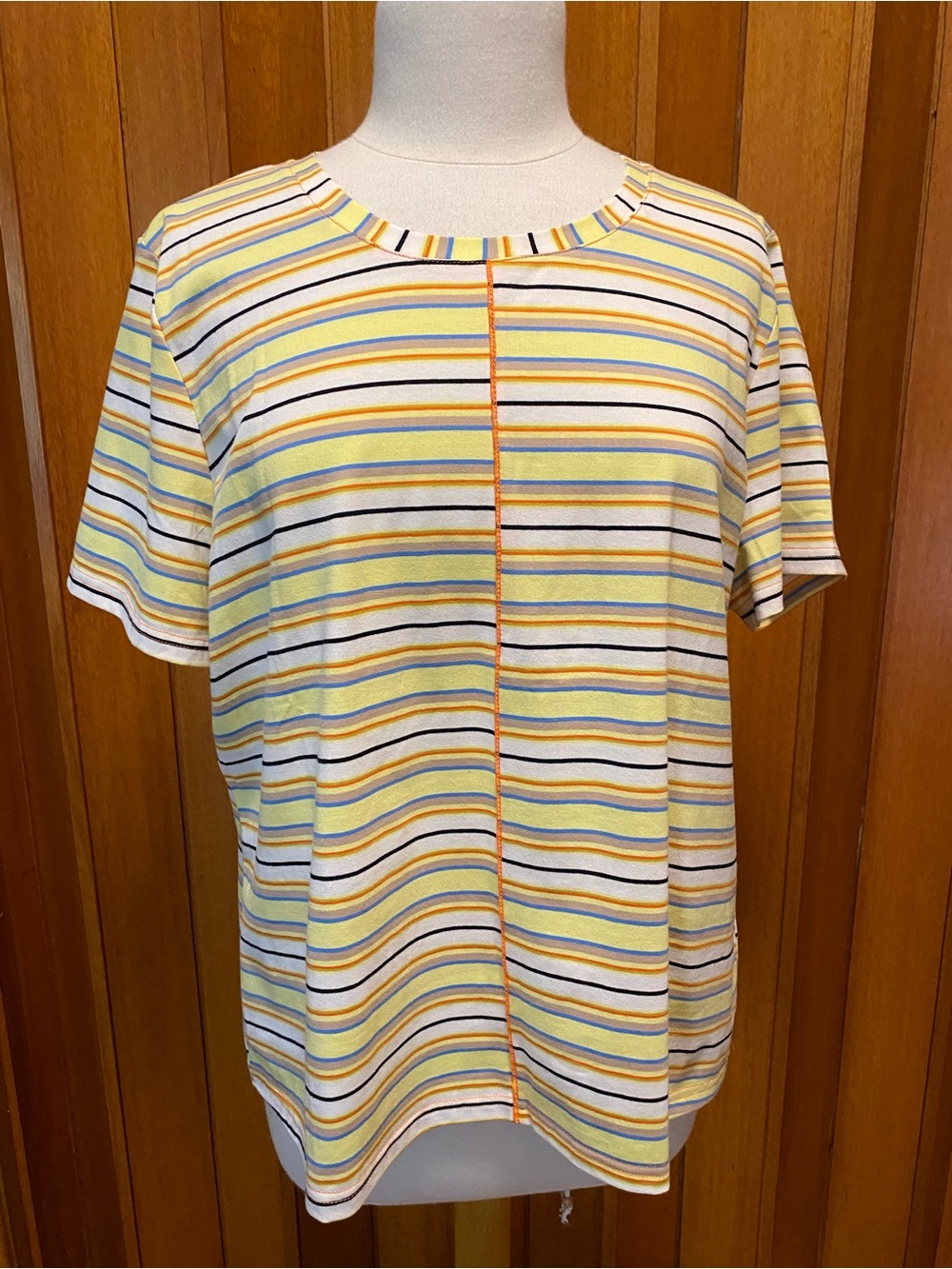 Elena Wang Yellow, Light Blue & Black Striped Short-Sleeve Tee
